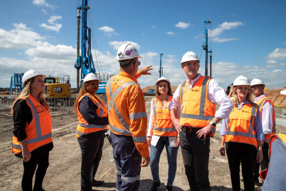 NSW Premier Dominic Perrottet at the site of the future Sydney Metro Aerotropolis Station in Bringelly on Sunday.