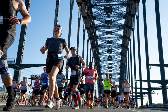 Runners on the Harbour Bridge during the 2023 Sydney Marathon.