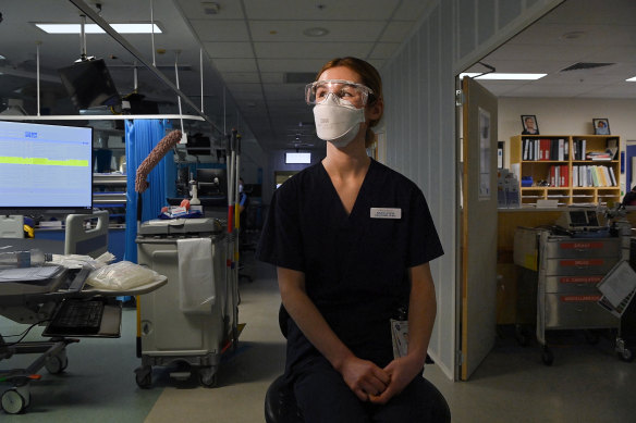 Welsh nurse Ariana Evans at work in St Vincent’s hospital ICU ward.