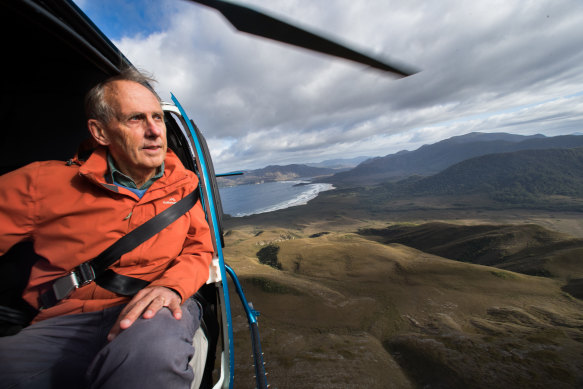 Environmentalist and former Greens senator Bob Brown looks over World Heritage-listed areas of Tasmania from the air. 