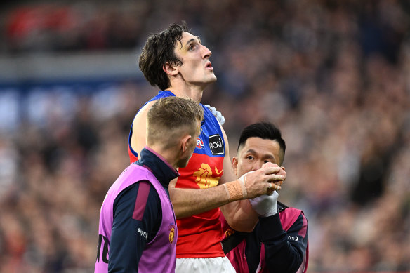 Oscar McInerney twice dislocated his shoulder against the Cats in the Lions’ preliminary final win.