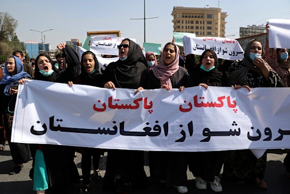 Women protest outside the Pakistan embassy in Kabul on Tuesday.