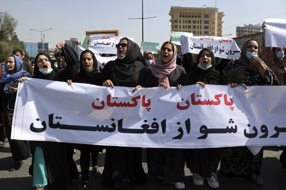 Women protest outside the Pakistan embassy in Kabul on Tuesday.