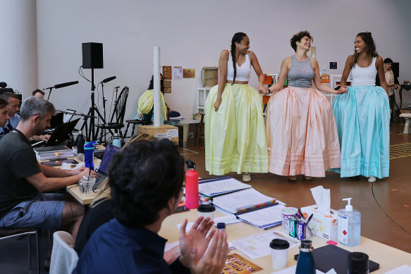 From left: Elandrah Eramiha (Peggy Schuyler), Akina Edmonds (Angelica) and Chloé Zuel (Eliza) in rehearsals for the Sydney production. 