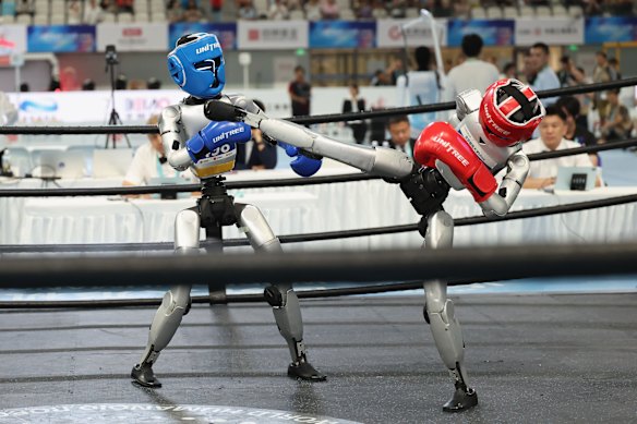 Humanoids compete in a lightweight combat event at the Beijing robot olympics. 