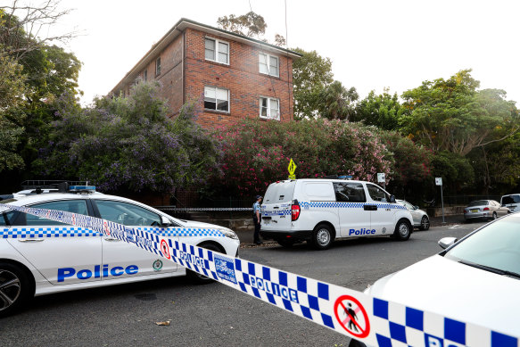 A crime scene was established outside the complex in Balmain East.