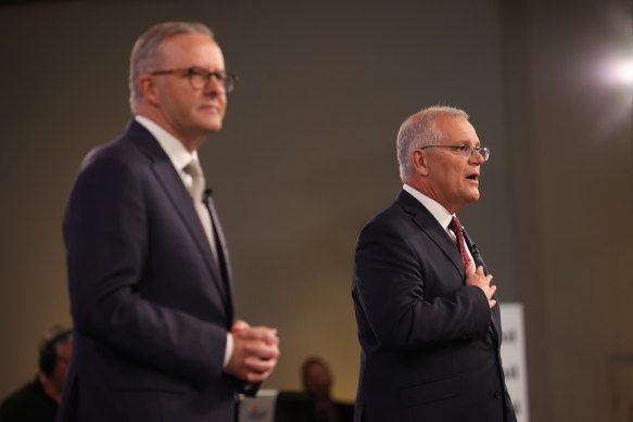 Anthony Albanese and Scott Morrison at the first leaders’ debate of the 2022 federal election campaign.