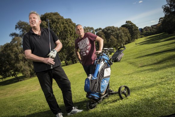 Mark Farrelly and Ben Richards at Northcote golf course on Tuesday. 