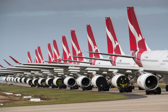 Qantas planes grounded at Avalon Airport.