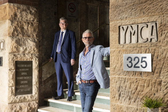Mark Tarrant, left, and David Gair at the entrance to the heritage-listed building on Pitt Street.