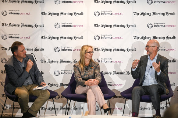 Gabriel Metcalf, right, in conversation with the Herald’s economics writer Matt Wade and Ainsley Simpson of the Infrastructure Sustainability Centre.