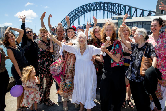 Eileen Kramer celebrates her 108th birthday with her closest friends and fellow dancers at Walsh Bay on Monday. 