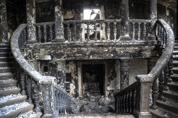 A view inside the theatre damaged during fighting in Mariupol, in territory under the government of the Donetsk People’s Republic, eastern Ukraine on Monday.