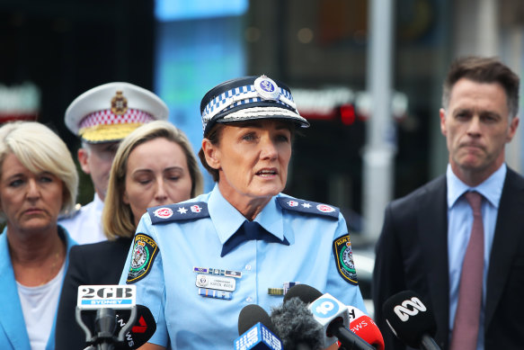 NSW Police Commissioner Karen Webb speaks during a press conference at Westfield Bondi Junction on Sunday morning. 