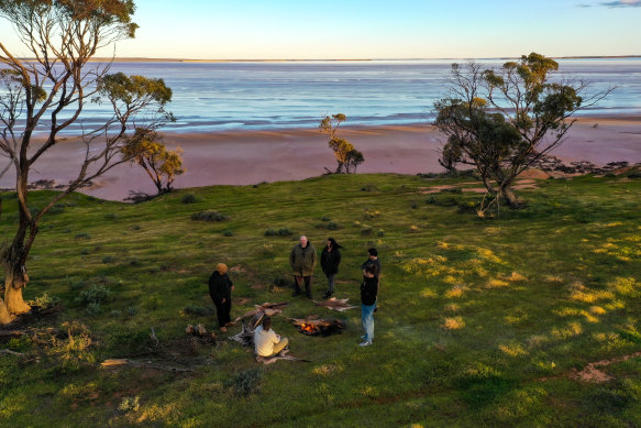 Traditional owner of the Wergaia tribe Robby Wirramanda Knight brought his family to the northern end of Direl to cure kangaroo skins with salt.