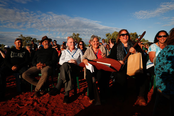 Noel Pearson, Mark Leibler, Pat Anderson and Megan Davis during the closing ceremony in the Mutitjulu community of the First Nations National Convention at Uluru in May 2017.