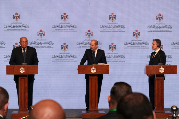 US Secretary of State Antony Blinken (left) holds a joint press conference with Jordan’s Foreign Minister Ayman Safadi (centre) and Egypt’s Foreign Minister Sameh Shoukry.