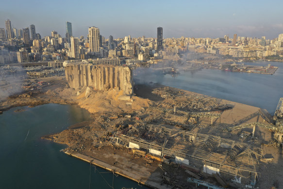 A drone picture shows a huge crater caused by an explosion in Beirut.