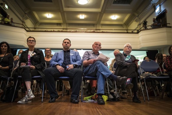 The crowd at Brighton Town Hall listens as the candidates make respond to questions from the floor.