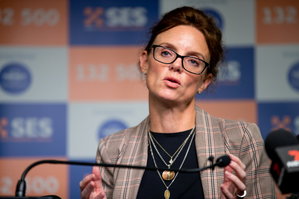 Emergency Services Minister Steph Cooke, pictured during the flood emergency, says the embattled Resilience NSW boss Shane Fitzsimmons still has her “full support”.