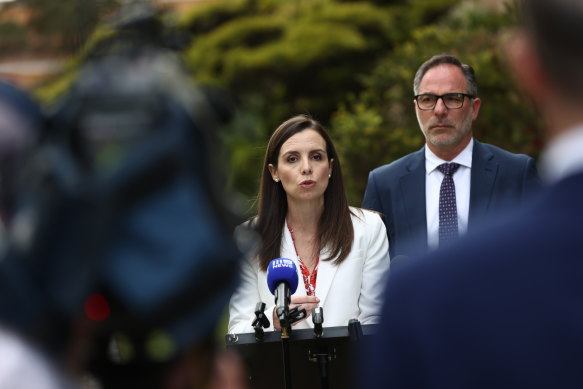NSW Finance Minister Courtney Houssos and Customer Service Minister Jihad Dib revealing that $144 million in merchant fees had been unlawfully collected.