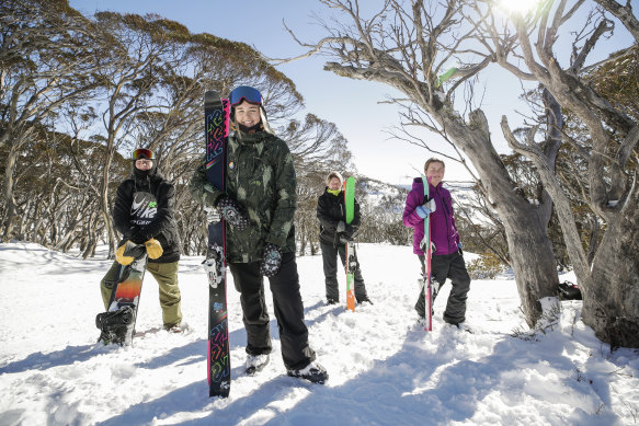 Mia "Miff" Rennie, 15 at the front with brother Kai, 13, (left), mother Nicola and sibling Pip, 9, at Perisher.