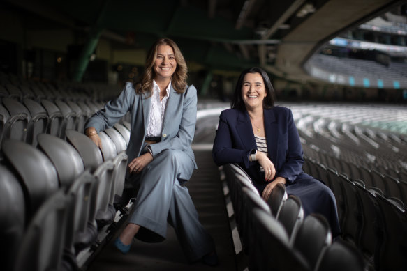 Emma Moore (left) and Laura Kane in Melbourne on Tuesday.