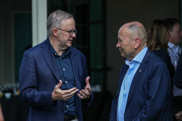 Prime Minister Anthony Albanese talks with Eddie Jones at a women’s rugby funding announcemet at Kirribilli House.