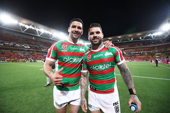 Cody Walker and Adam Reynolds both playing for the Rabbitohs in 2019.