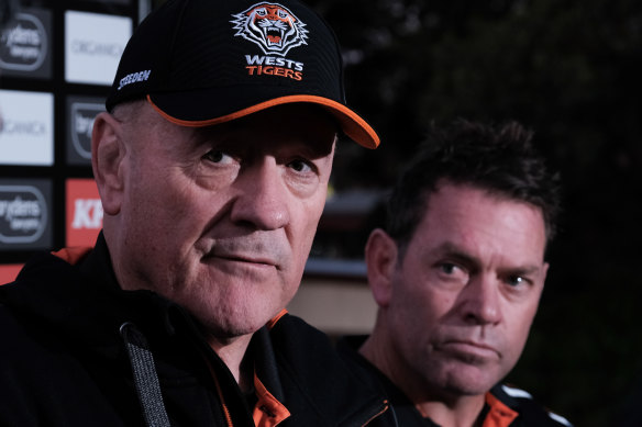 Wests Tigers head of football performance Tim Sheens and interim coach Brett Kimmorley.