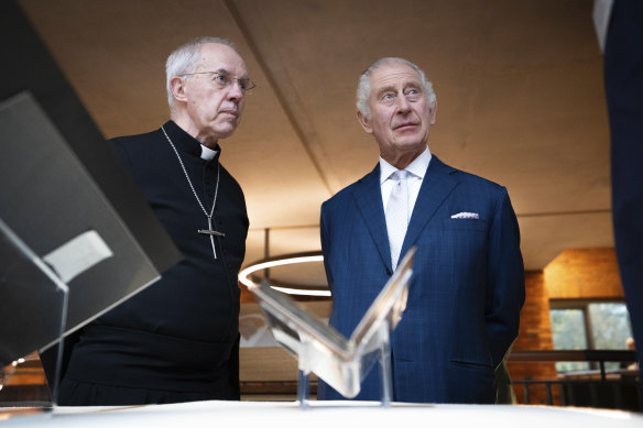 Britain’s King Charles III and The Archbishop of Canterbury Justin Welby at a reception of faith leaders  in Lo<em></em>ndon last year. Welby is close to King Charles. 