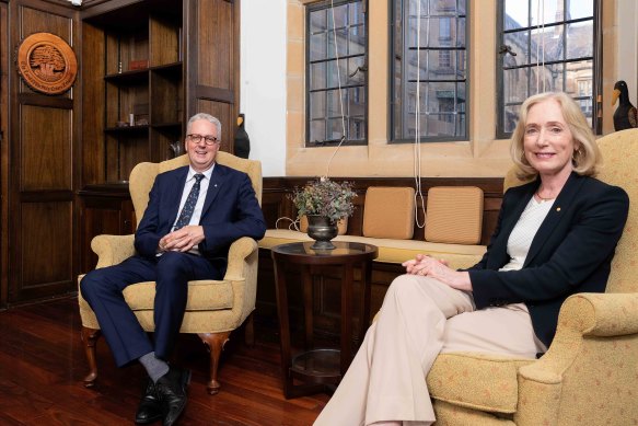 Mark Scott, new vice-chancellor of Sydney University, with chancellor Belinda Hutchinson.