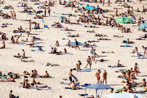 Beachgoers at Bondi in lockdown ... there’ll be more on the way come Monday.