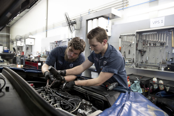 Mitchell Evans (left) and Jordan Stansfield are apprentices at Volvo Parramatta. There has been a growth in apprenticeships including for mechanics.