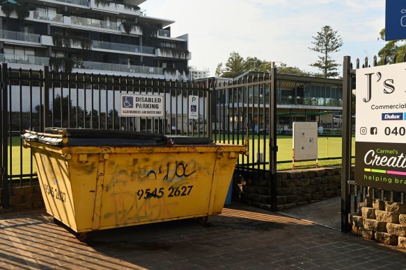 The skip bin where personal items belonging to Davies and Baird were found by a worker on Wednesday morning. 