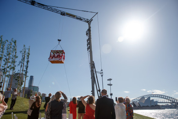 The bridal party is lowered onto the Opera Australia set of the Madama Butterfly on Sunday.