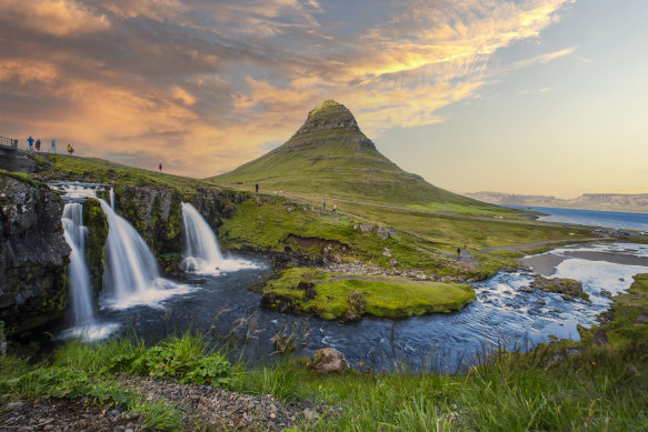 Sunset at the at Kirkjufell Waterfall.