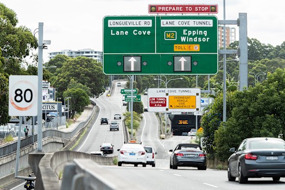 Vehicles head towards the entry to the Lane Cove Tunnel, which is one of 11 toll roads controlled by Transurban.