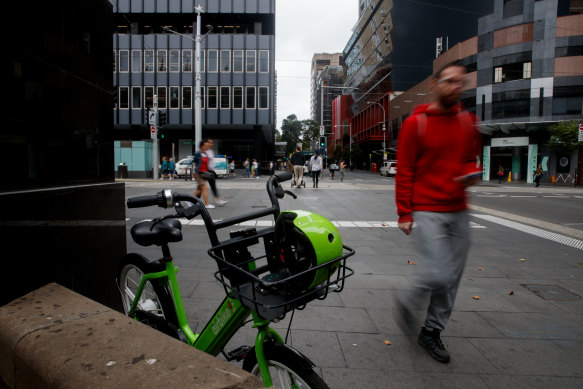 Shared bikes dot the Sydney CBD in January 2023.