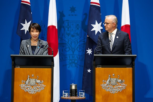 Japanese Prime Minister Sanae Takaichi and Prime Minister Anthony Albanese make joint media statements at Parliament House today.