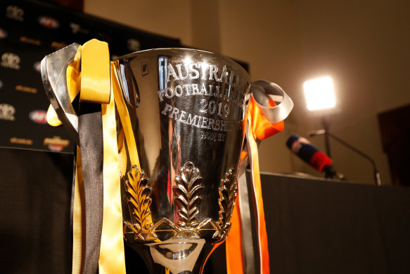 The 2019 AFL premiership cup on display on Friday.