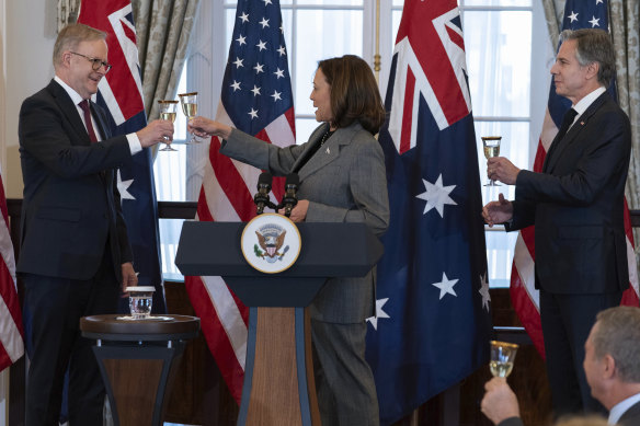Vice President Kamala Harris with Australia’s Prime Minister Anthony Albanese, left, and Secretary of State Antony Blinken during a state luncheon at the State Department in Washington.