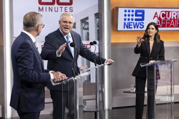 Sarah Abo moderating the “shouty” leaders’ debate between Prime Minister Scott Morrison and Opposition Leader Anthony Albanese in 2022.
