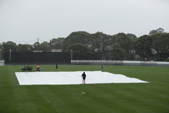 Covers on the field as rain forces delays. 