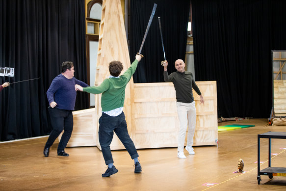 Owen Willetts and Nicholas Tamagna rehearse a duel for Pinchgut Opera’s Giustino.