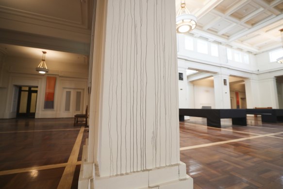 Soot damage in King George’s Hall inside Old Parliament House.