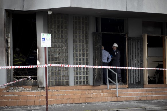 The exterior of Melbourne’s Adass Israel synagogue shows visible signs of damage after an arson attack on Friday. 
