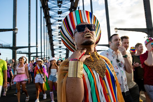 Maurice Carlisle of Hawaii joined 50,000 people to march for equality over the Sydney Harbour Bridge at WorldPride on March 5, 2023.