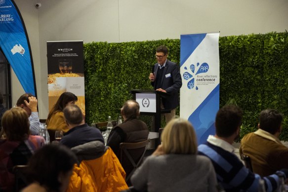 ‘We have a problem’: Sir Angus Houston, chair of the Murray-Darling Basin Authority, addresses the River Reflections dinner at Whitton in the Riverina.