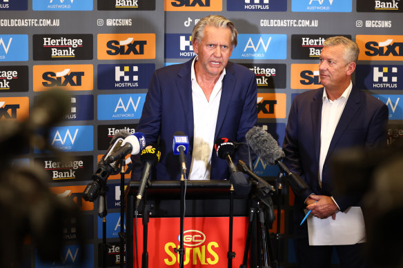 Gold Coast Suns chairman Bob East and CEO Mark Evans face the media to announce that Stuart Dew had been sacked as coach.